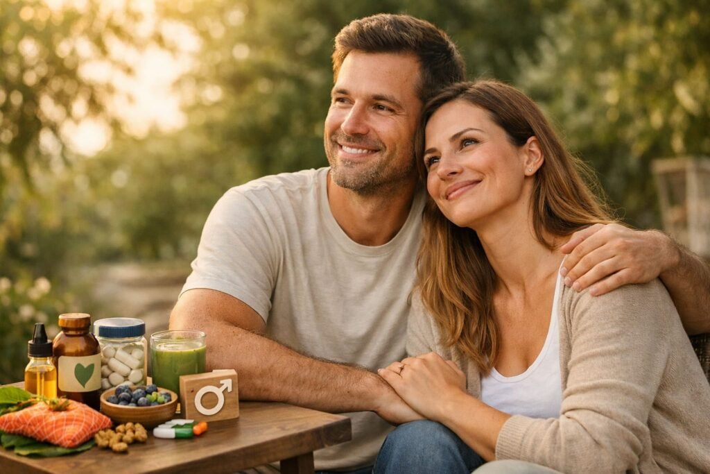 Varicocele y Fertilidad: Cómo Mejorarla de Forma Natural Pareja adulta sonriendo en un entorno natural al atardecer, con alimentos y suplementos asociados a la fertilidad masculina en primer plano, transmitiendo esperanza y bienestar.