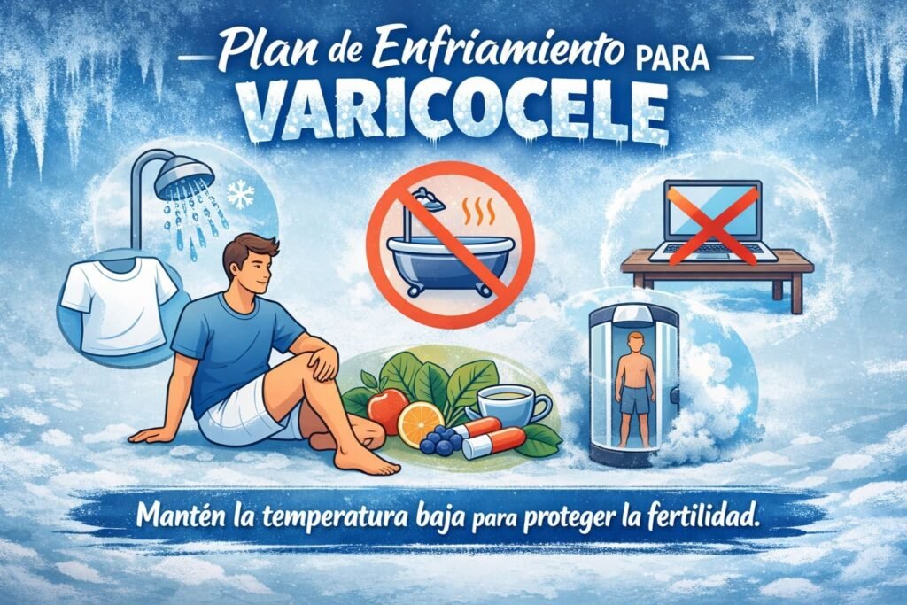 Plan de enfriamiento para varicocele Hombre relajado con ropa de algodón y símbolos de frío, mostrando consejos para mantener baja la temperatura testicular