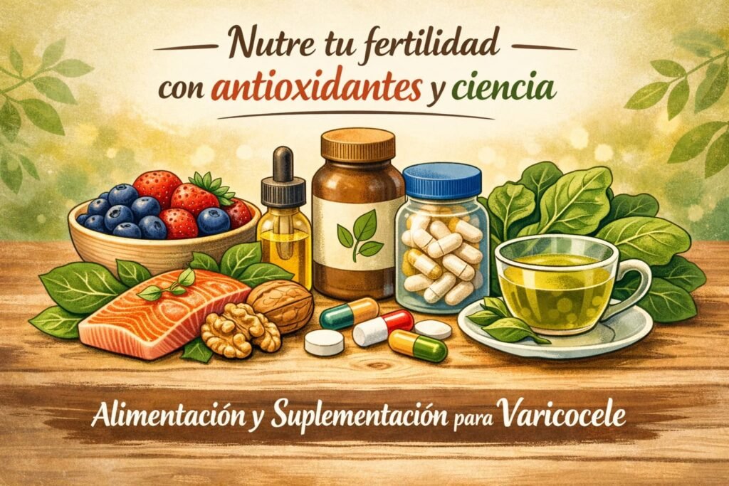 Nutre tu fertilidad con antioxidantes y ciencia Alimentos antioxidantes como frutas rojas, salmón y espinacas junto a cápsulas y suplementos naturales.