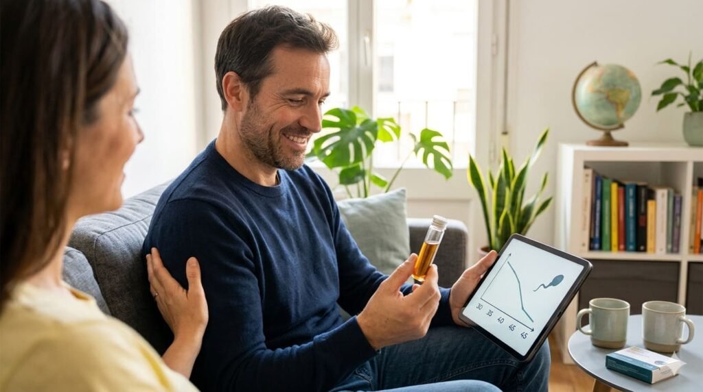 Hombre de unos 40 años analizando un gráfico de calidad seminal en una tablet junto a su pareja, representando la búsqueda proactiva de la paternidad tardía.
