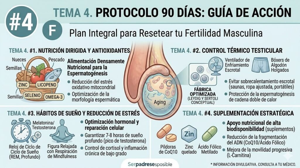 Infografía de soluciones naturales: nutrición dirigida, control térmico testicular y hábitos de sueño para resetear la fertilidad.