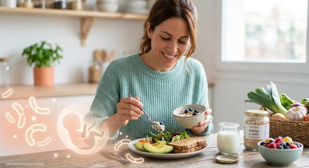 Mujer desayunando alimentos para microbiota y fertilidad Una alimentación consciente con prebióticos y fermentados ayuda a equilibrar la microbiota uterina y mejorar la fertilidad de forma natural.