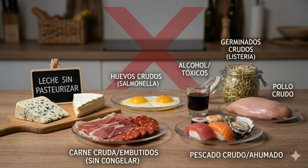alimentos prohibidos en el embarazo Conocer los alimentos que se deben evitar y comprender el porqué (bacterias como la Listeria, Salmonella o el parásito de la toxoplasmosis) es fundamental para proteger el desarrollo embrionario desde el primer positivo.