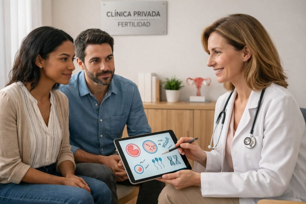Pareja atendida por una doctora con tablet en clínica privada de fertilidad.