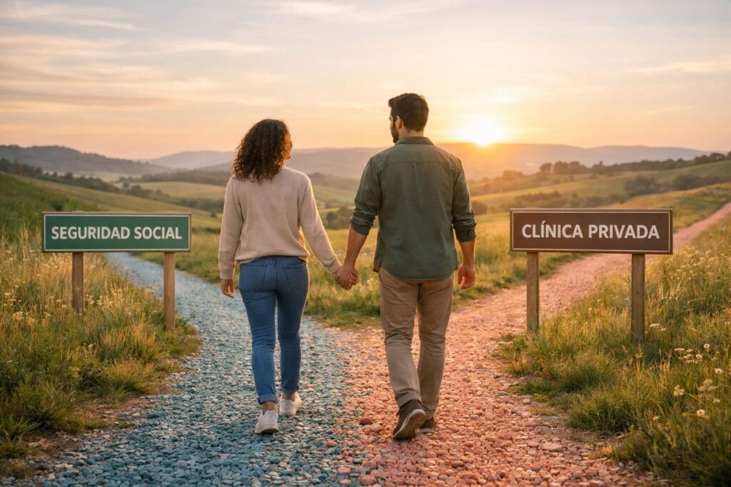 Pareja caminando de la mano hacia el sol naciente, buscando su primer embarazo