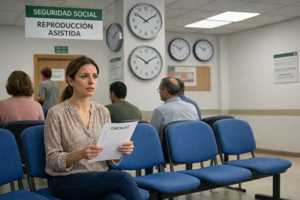Mujer joven esperando en una sala de la sanidad pública, con cartel de "Reproducción Asistida" y relojes.